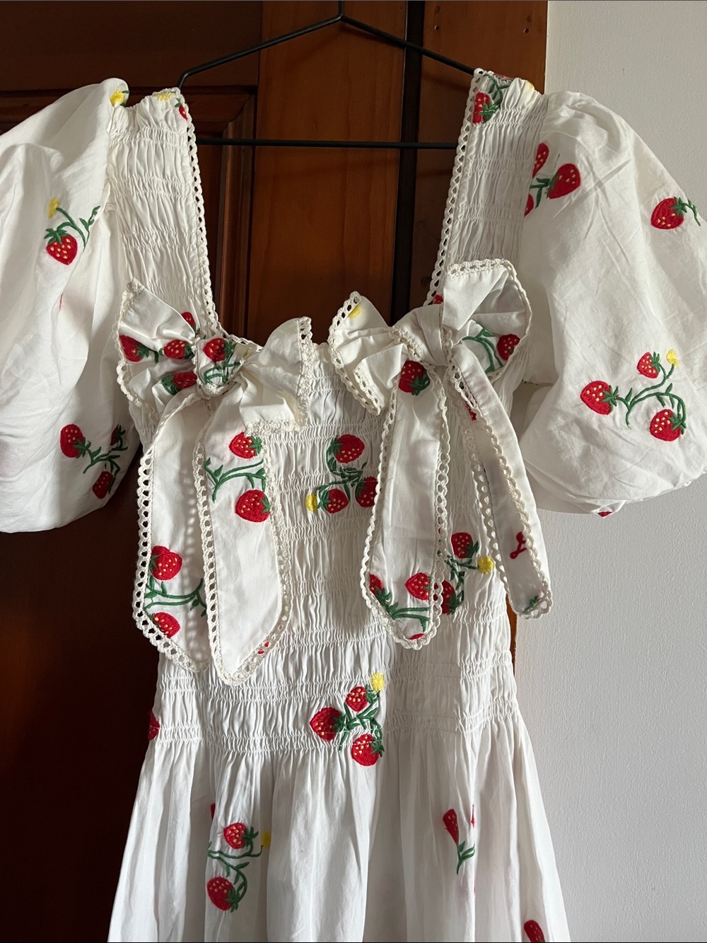 Damson Madder White Strawberry Embroidery Midi Dress with Puff Sleeves - Picture 7 of 16